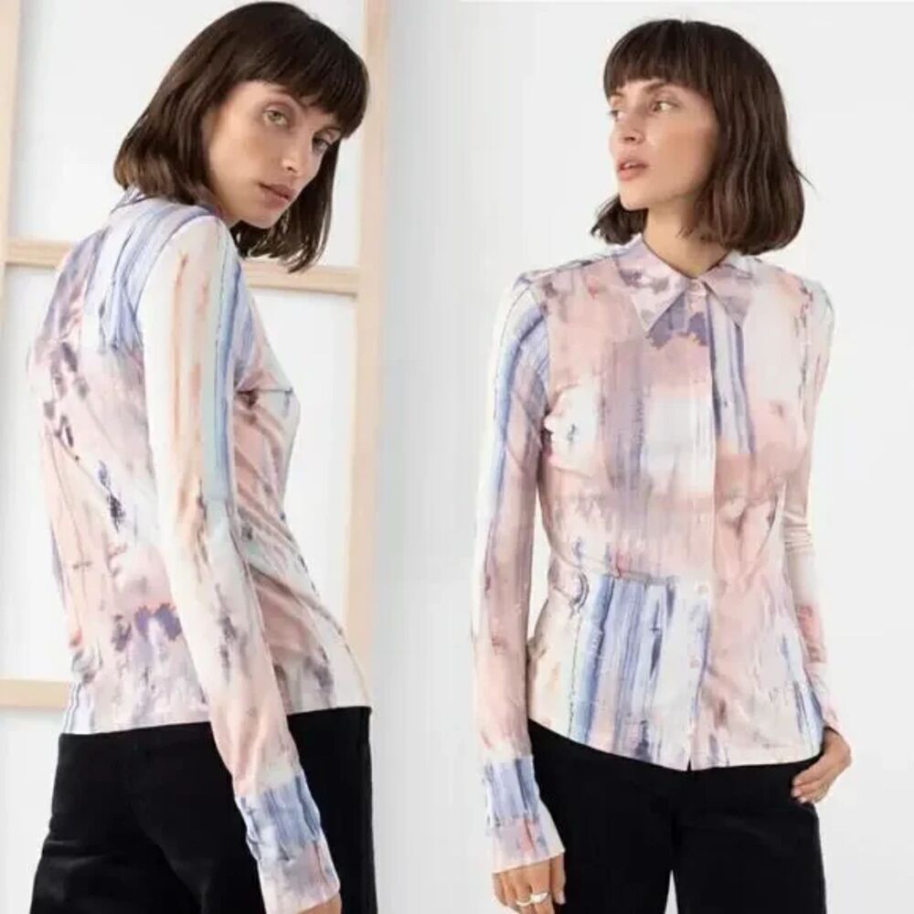 & Other Stories Pink Blue Watercolor/Marbled Print Button Down Blouse sz 2